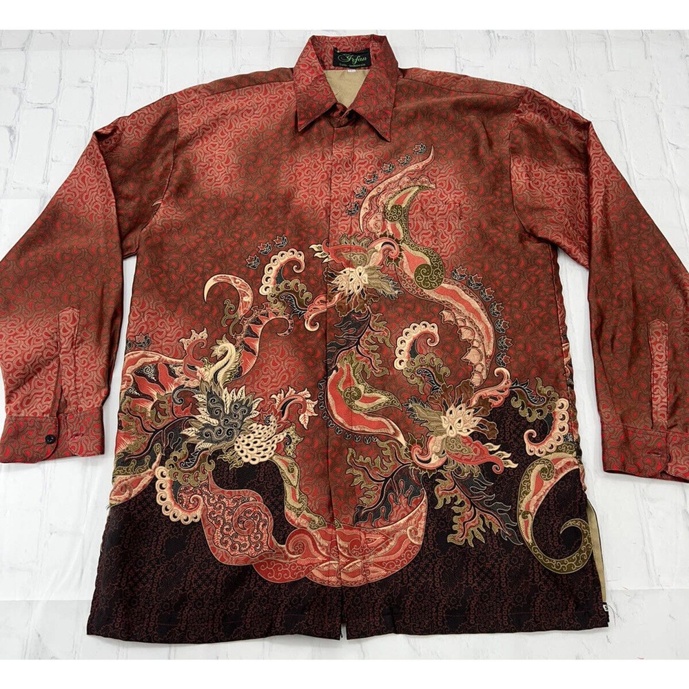 Vintage Made in Indonesia Men's Shirt Long Sleeve Silk Paisley Floral Large